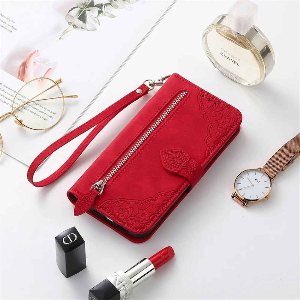 For Oppo Reno13 5G (Global) Zipper Wallet Case with Strap Flower Imprint PU Leather Phone Cover - Brown-Cellmalls