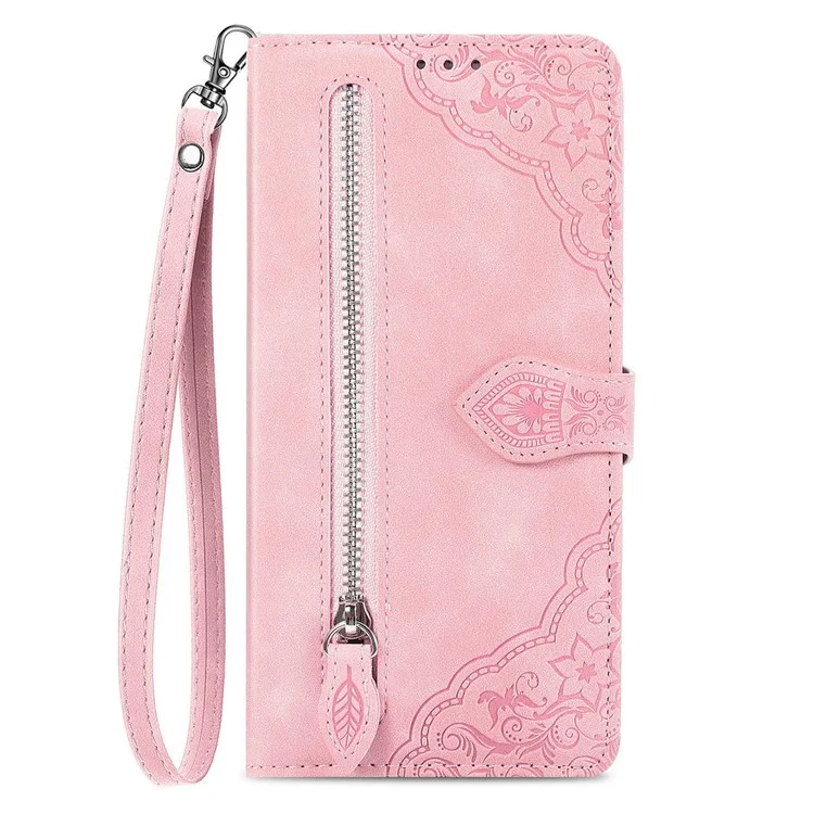 For Oppo F27 5G Zipper Wallet Case with Strap Flower Imprint PU Leather Phone Cover - Pink-Cellmalls