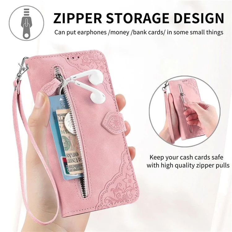 For Oppo F27 5G Zipper Wallet Case with Strap Flower Imprint PU Leather Phone Cover - Pink-Cellmalls