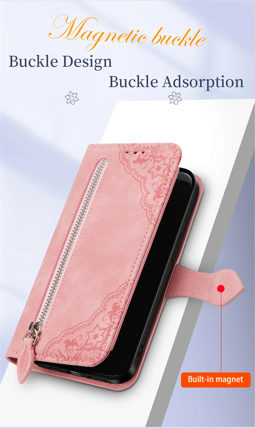For Oppo A3x 5G Zipper Wallet Case with Strap Flower Imprint PU Leather Phone Cover - Pink-Cellmalls