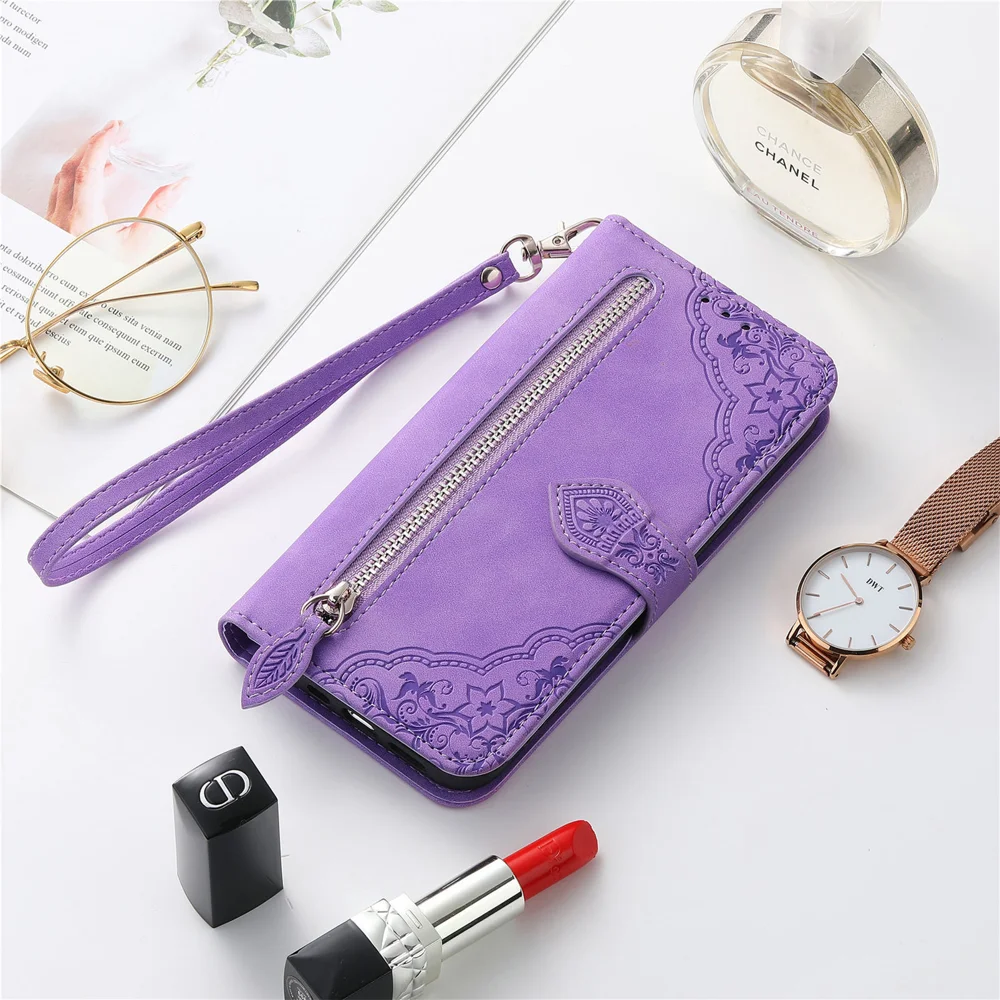 For Oppo Reno13 5G (Global) Zipper Wallet Case with Strap Flower Imprint PU Leather Phone Cover - Brown-Cellmalls
