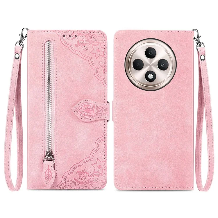 For Oppo Reno12 F 5G Zipper Wallet Case with Strap Flower Imprint PU Leather Phone Cover - Pink-Cellmalls