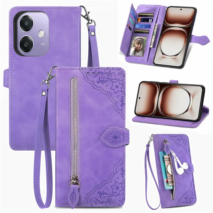 For Oppo A3x 5G Zipper Wallet Case with Strap Flower Imprint PU Leather Phone Cover - Pink-Cellmalls