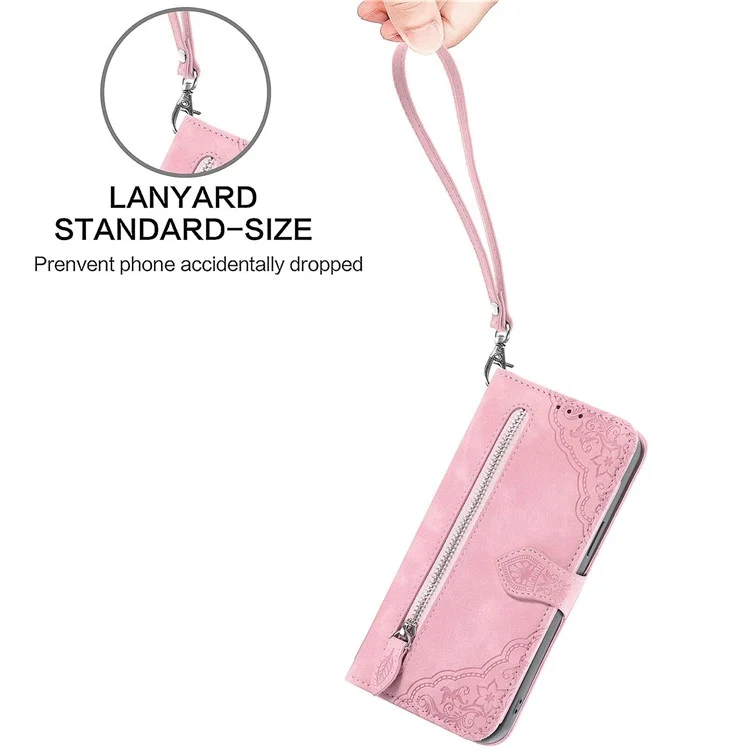For Oppo F27 5G Zipper Wallet Case with Strap Flower Imprint PU Leather Phone Cover - Pink-Cellmalls