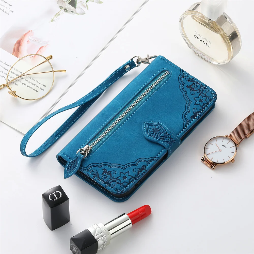 For Oppo Reno13 5G (Global) Zipper Wallet Case with Strap Flower Imprint PU Leather Phone Cover - Brown-Cellmalls