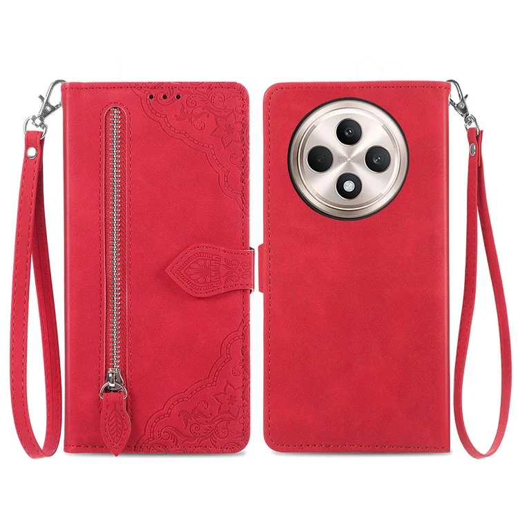 For Oppo Reno12 F 5G Zipper Wallet Case with Strap Flower Imprint PU Leather Phone Cover - Pink-Cellmalls