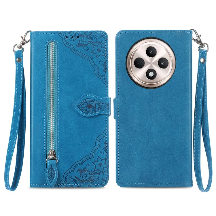 For Oppo Reno12 F 5G Zipper Wallet Case with Strap Flower Imprint PU Leather Phone Cover - Pink-Cellmalls