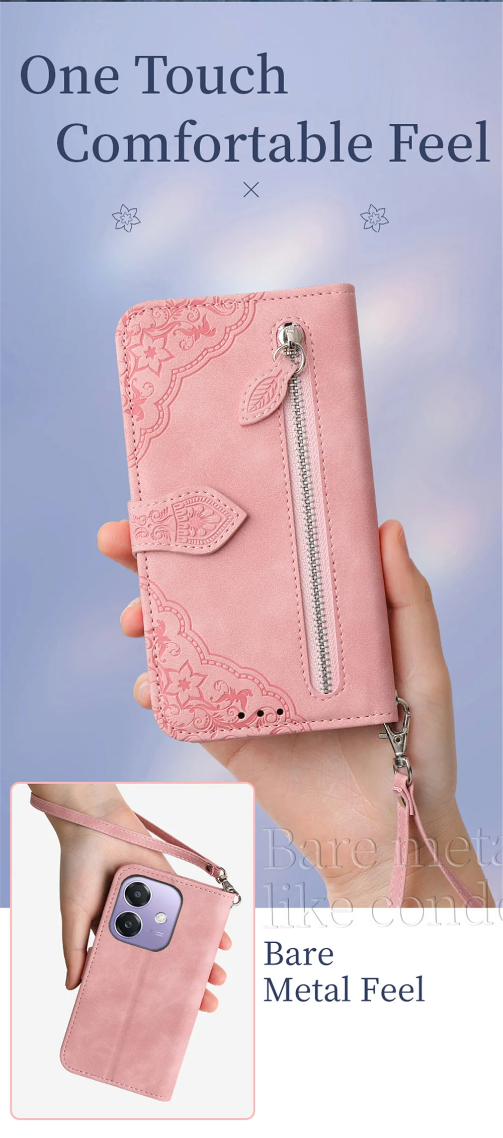 For Oppo A3x 5G Zipper Wallet Case with Strap Flower Imprint PU Leather Phone Cover - Pink-Cellmalls