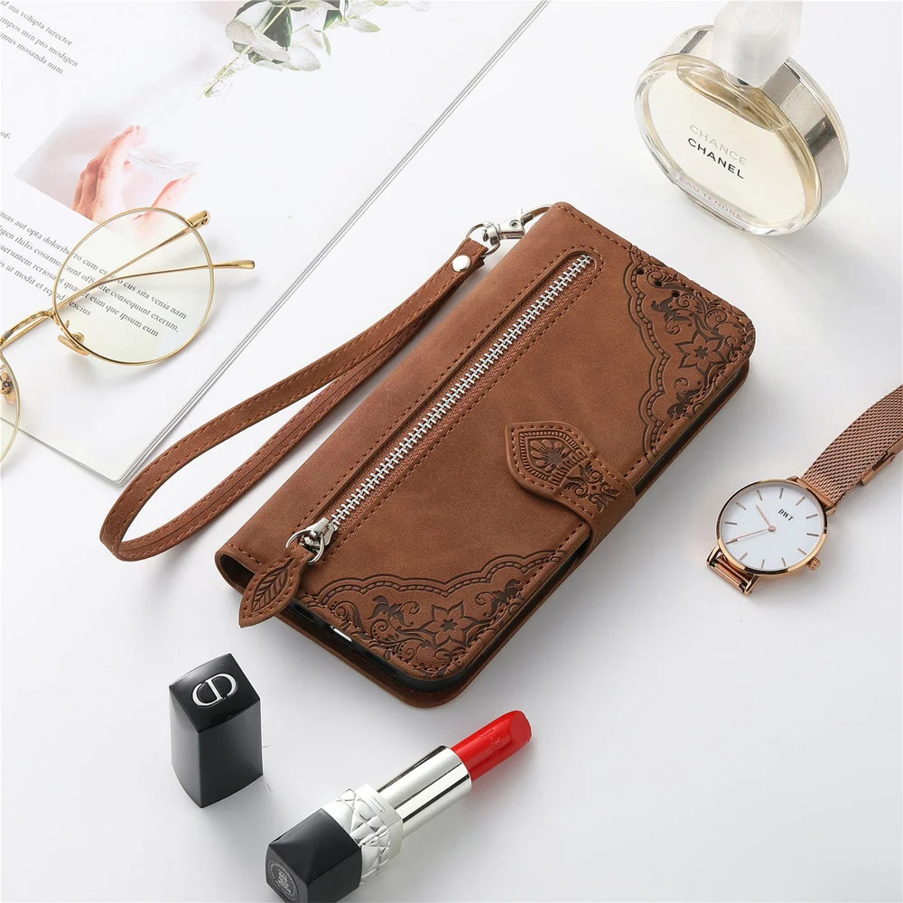 For Oppo Reno13 5G (Global) Zipper Wallet Case with Strap Flower Imprint PU Leather Phone Cover - Brown-Cellmalls