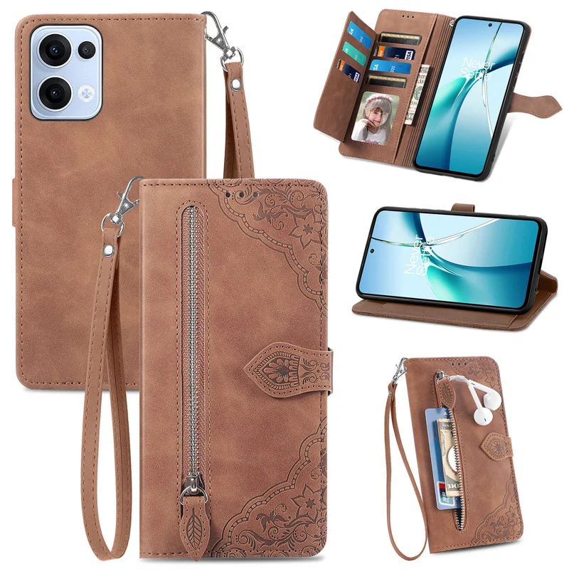 For Oppo Reno13 5G (Global) Zipper Wallet Case with Strap Flower Imprint PU Leather Phone Cover - Brown-Cellmalls