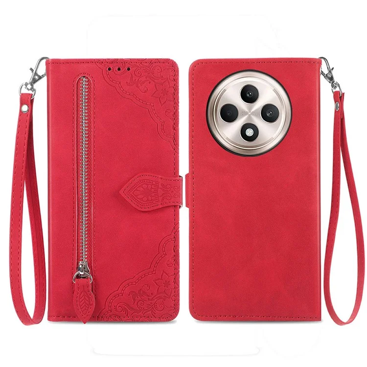 For Oppo F27 5G Zipper Wallet Case with Strap Flower Imprint PU Leather Phone Cover - Pink-Cellmalls