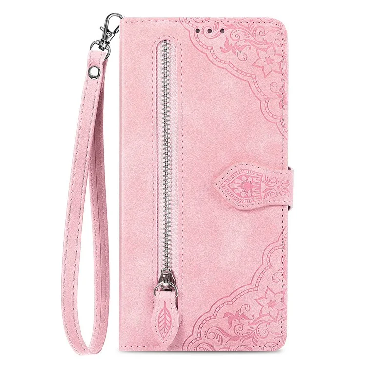 For Oppo Reno12 F 5G Zipper Wallet Case with Strap Flower Imprint PU Leather Phone Cover - Pink-Cellmalls