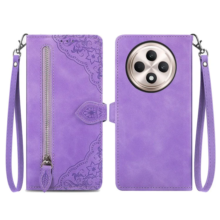 For Oppo Reno12 F 5G Zipper Wallet Case with Strap Flower Imprint PU Leather Phone Cover - Pink-Cellmalls