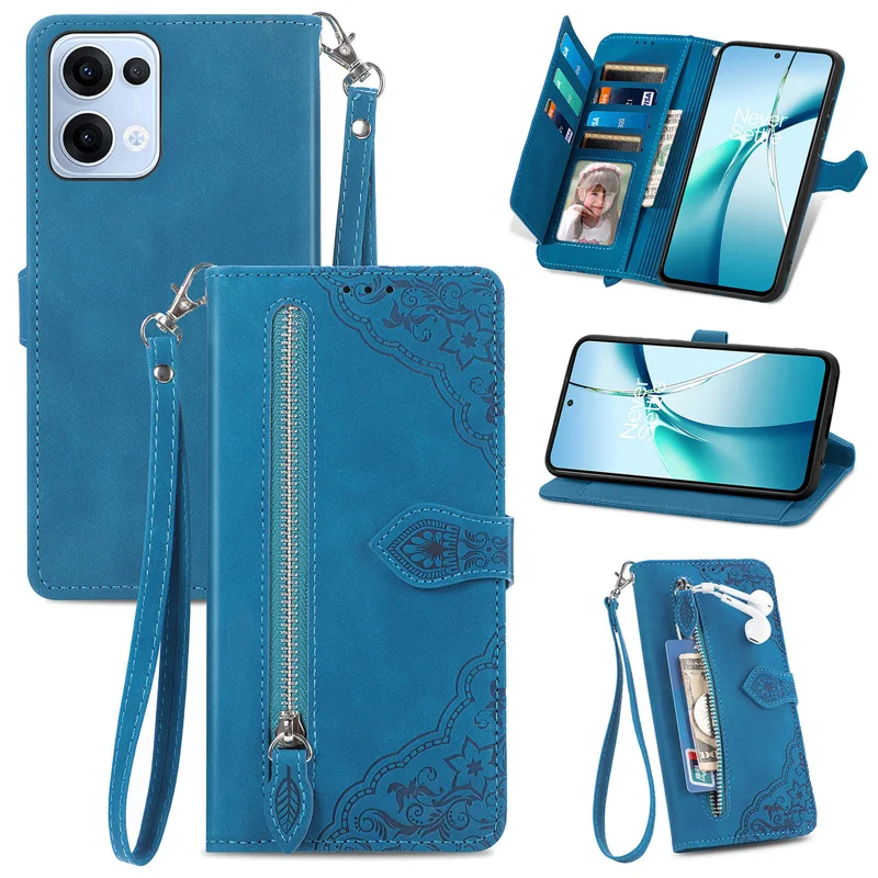 For Oppo Reno13 5G (Global) Zipper Wallet Case with Strap Flower Imprint PU Leather Phone Cover - Brown-Cellmalls