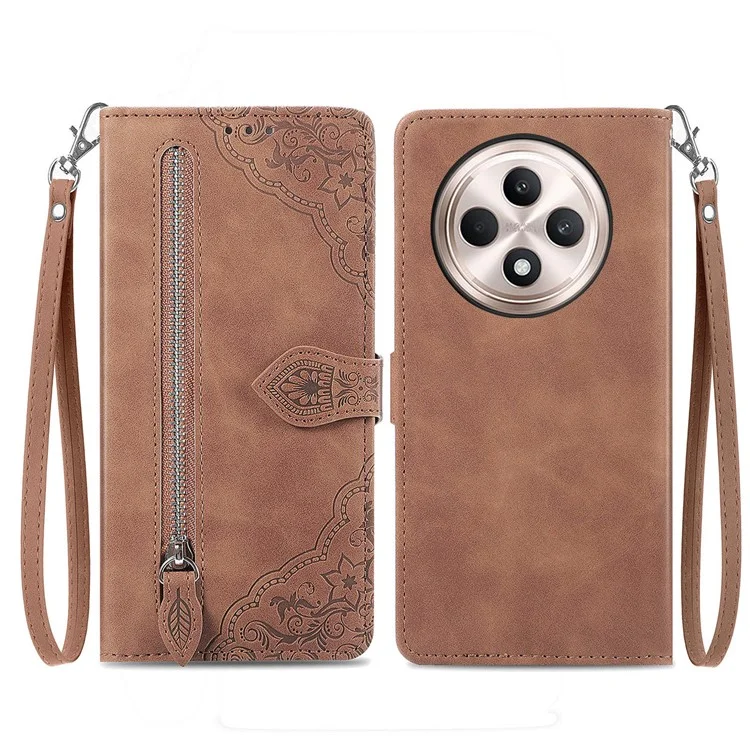 For Oppo Reno12 F 5G Zipper Wallet Case with Strap Flower Imprint PU Leather Phone Cover - Pink-Cellmalls