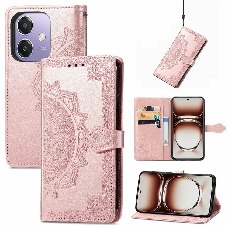 For Oppo A3x 5G Wallet Case Mandala Flower Leather Phone Cover Stand View - Rose Gold-Cellmalls