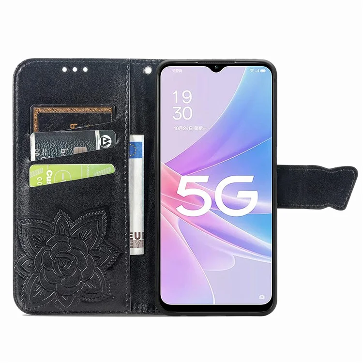 For Oppo A78 4G Wallet Case Imprinted Butterfly Leather Phone Cover Folding Stand - Black-Cellmalls