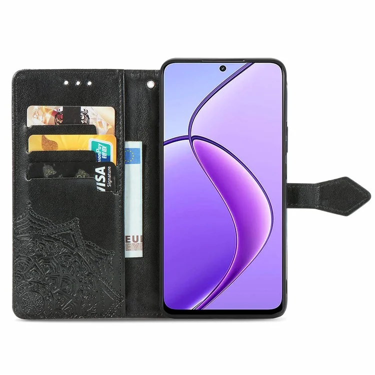 For Oppo Reno12 F 5G Wallet Case Mandala Flower Leather Phone Cover Stand View - Black-Cellmalls