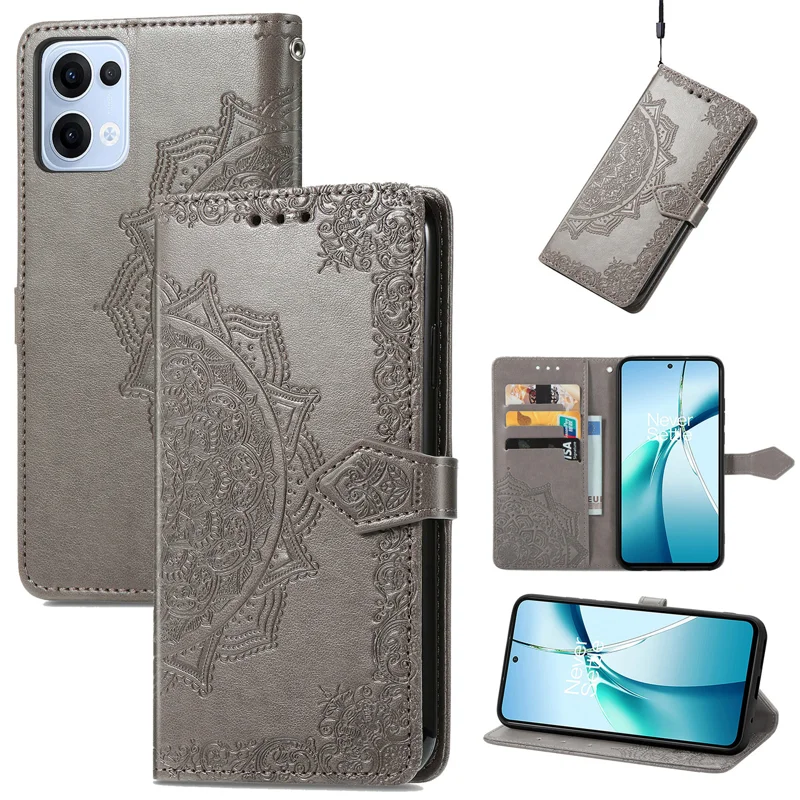 For Oppo Reno13 5G (Global) Wallet Case Mandala Flower Leather Phone Cover Stand - Grey-Cellmalls