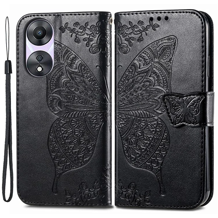 For Oppo A78 4G Wallet Case Imprinted Butterfly Leather Phone Cover Folding Stand - Black-Cellmalls