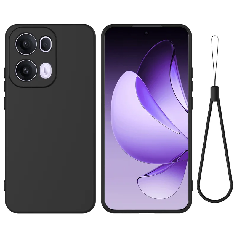 For Oppo Reno13 Pro 5G Liquid Silicone Case Phone Back Cover with Hand Strap - Black-Cellmalls