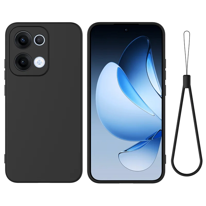 For Oppo Reno13 5G (Global) Liquid Silicone Case Phone Back Cover with Hand Strap - Black-Cellmalls