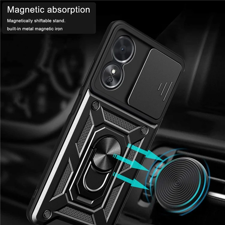 Anti-drop Phone Case For Oppo A17 4G, Ring Kickstand Mobile Phone Case with Slide Camera Lens Cover - Black-Cellmalls