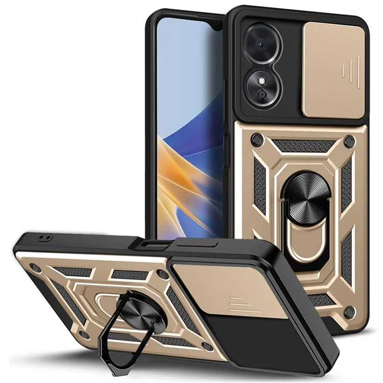 Anti-drop Phone Case For Oppo A17 4G, Ring Kickstand Mobile Phone Case with Slide Camera Lens Cover - Black-Cellmalls