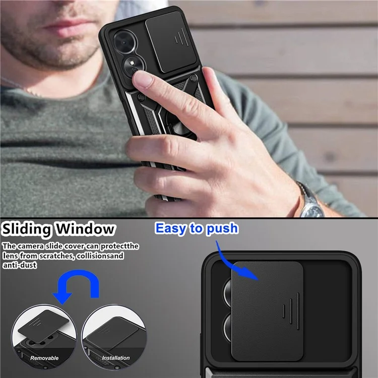 Anti-drop Phone Case For Oppo A17 4G, Ring Kickstand Mobile Phone Case with Slide Camera Lens Cover - Black-Cellmalls