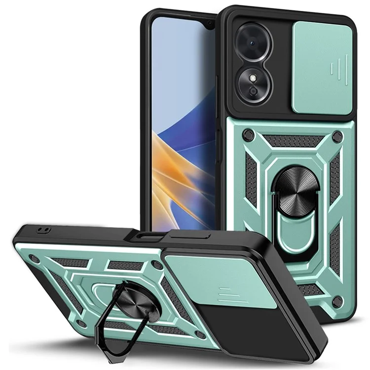 Anti-drop Phone Case For Oppo A17 4G, Ring Kickstand Mobile Phone Case with Slide Camera Lens Cover - Black-Cellmalls