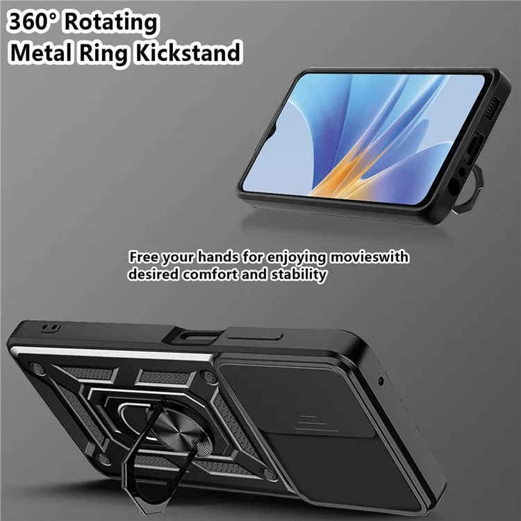 Anti-drop Phone Case For Oppo A17 4G, Ring Kickstand Mobile Phone Case with Slide Camera Lens Cover - Black-Cellmalls