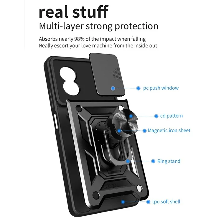 Anti-drop Phone Case For Oppo A17 4G, Ring Kickstand Mobile Phone Case with Slide Camera Lens Cover - Black-Cellmalls