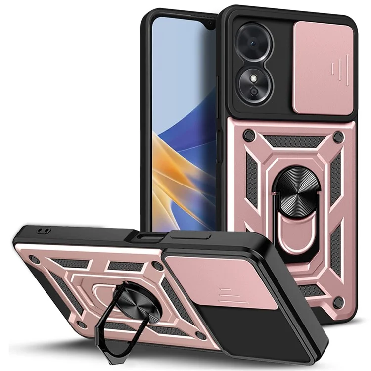Anti-drop Phone Case For Oppo A17 4G, Ring Kickstand Mobile Phone Case with Slide Camera Lens Cover - Black-Cellmalls
