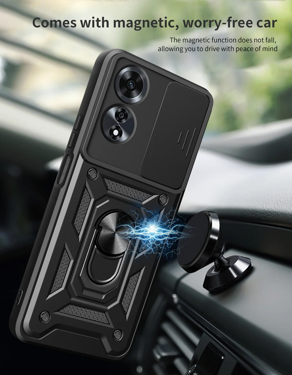 For Oppo A60 4G Case with Slide Camera Lid PC+TPU Kickstand Phone Cover - Black-Cellmalls