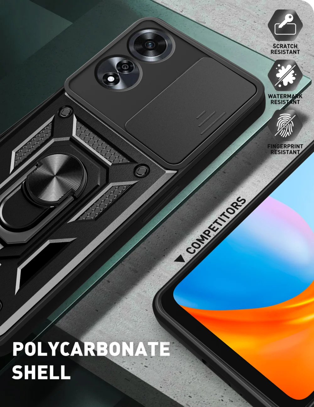 For Oppo A60 4G Case with Slide Camera Lid PC+TPU Kickstand Phone Cover - Black-Cellmalls