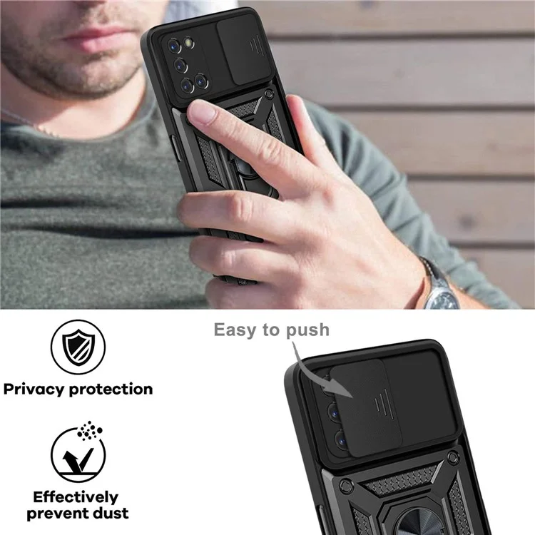 Ring Holder Kickstand Camera Slide Cover Design PC + TPU Phone Back Cover Case for OPPO A52/A72/A92 - Black-Cellmalls
