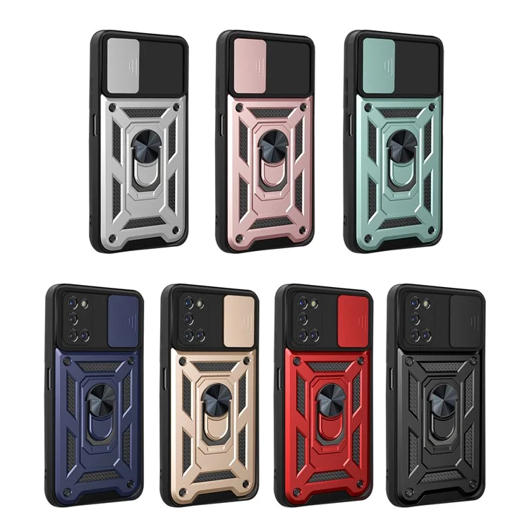 Ring Holder Kickstand Camera Slide Cover Design PC + TPU Phone Back Cover Case for OPPO A52/A72/A92 - Black-Cellmalls