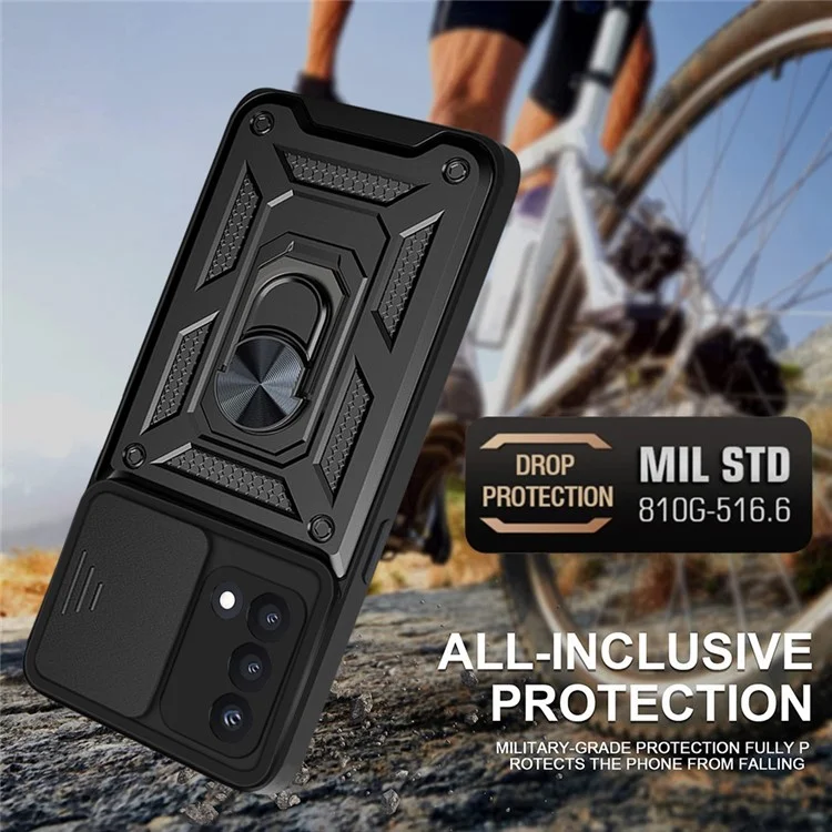 For Oppo A74 4G Camera Slide Cover Ring Holder Kickstand Shockproof PC + TPU Phone Case - Black-Cellmalls