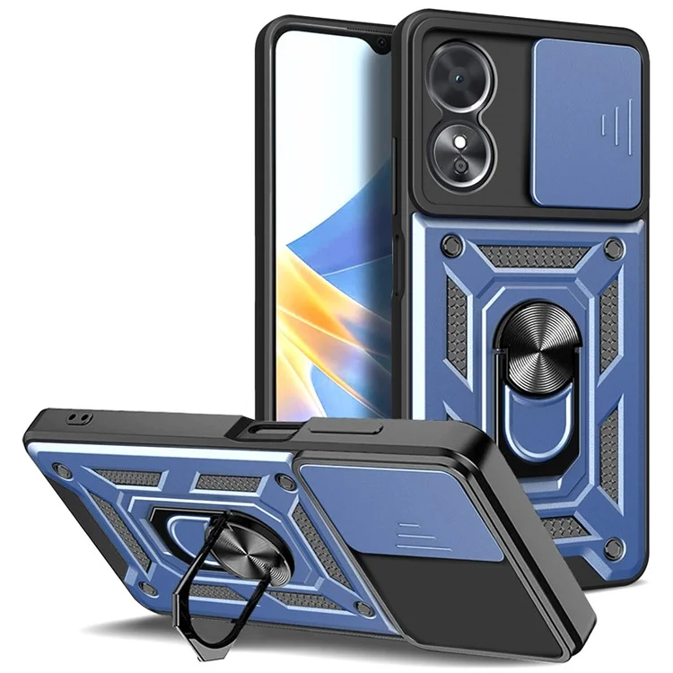 Anti-drop Phone Case For Oppo A17 4G, Ring Kickstand Mobile Phone Case with Slide Camera Lens Cover - Black-Cellmalls