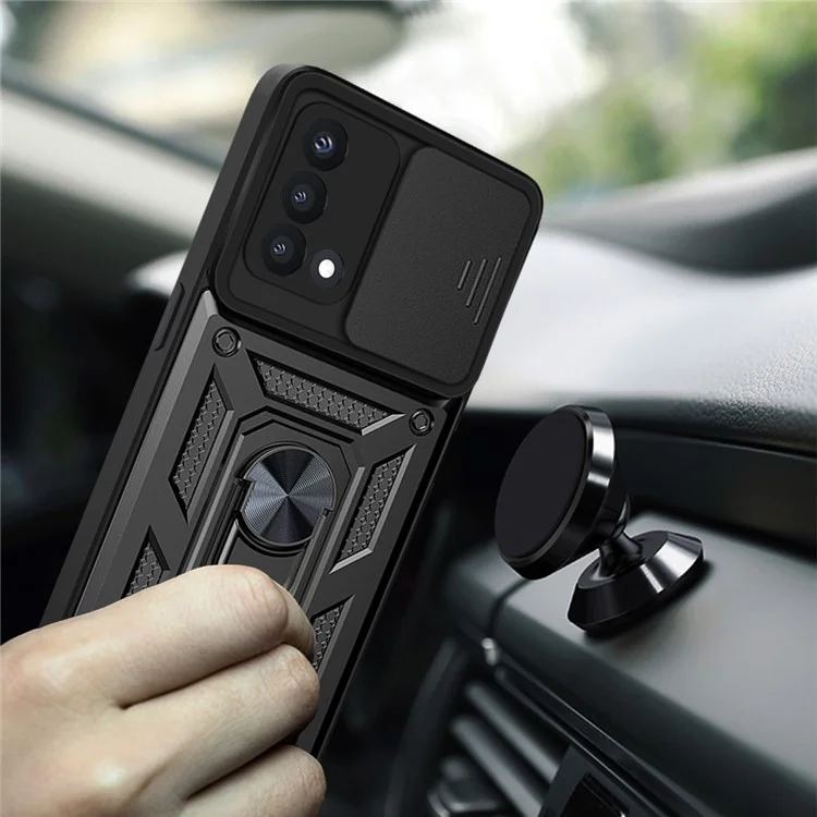 For Oppo A74 4G Camera Slide Cover Ring Holder Kickstand Shockproof PC + TPU Phone Case - Black-Cellmalls
