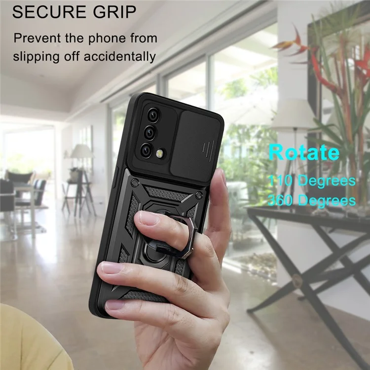For Oppo A74 4G Camera Slide Cover Ring Holder Kickstand Shockproof PC + TPU Phone Case - Black-Cellmalls