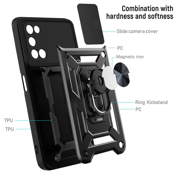Ring Holder Kickstand Camera Slide Cover Design PC + TPU Phone Back Cover Case for OPPO A52/A72/A92 - Black-Cellmalls