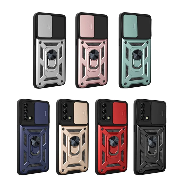 For Oppo A74 4G Camera Slide Cover Ring Holder Kickstand Shockproof PC + TPU Phone Case - Black-Cellmalls