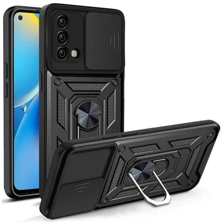 For Oppo A74 4G Camera Slide Cover Ring Holder Kickstand Shockproof PC + TPU Phone Case - Black-Cellmalls