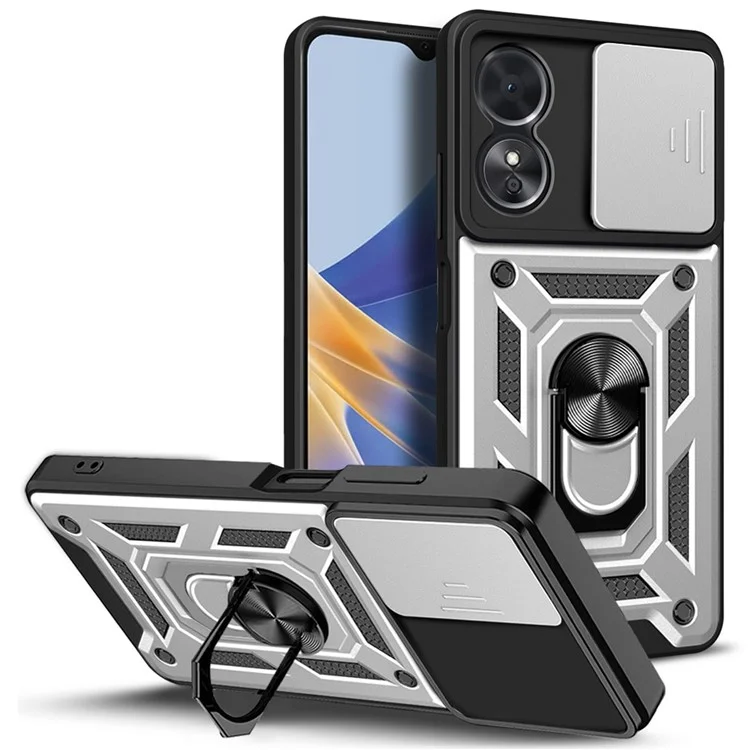 Anti-drop Phone Case For Oppo A17 4G, Ring Kickstand Mobile Phone Case with Slide Camera Lens Cover - Black-Cellmalls