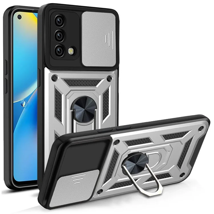 For Oppo A74 4G Camera Slide Cover Ring Holder Kickstand Shockproof PC + TPU Phone Case - Black-Cellmalls