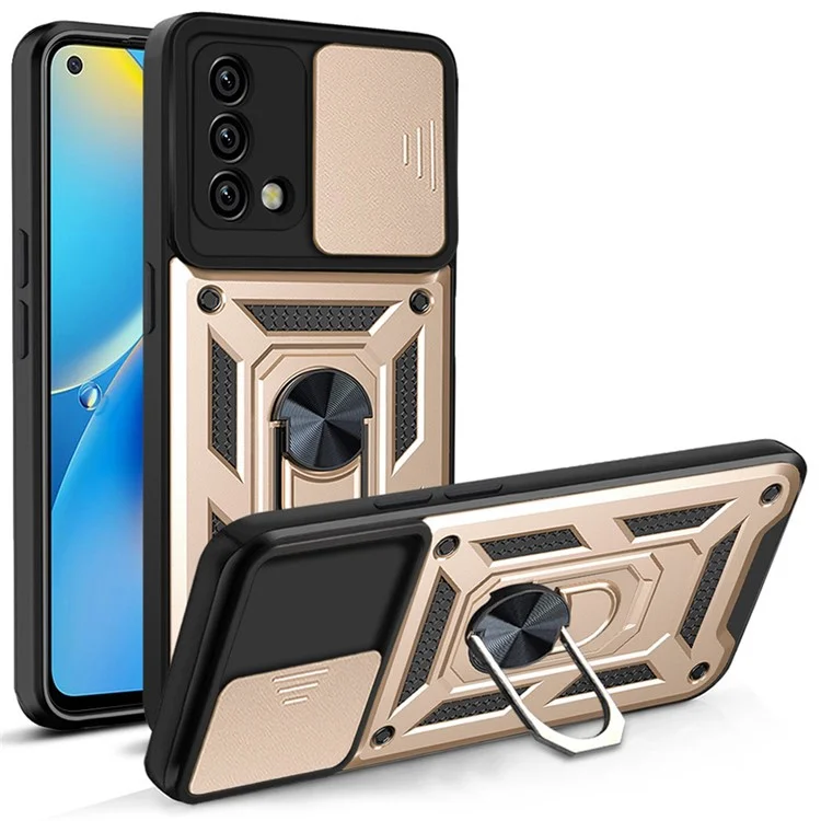 For Oppo A74 4G Camera Slide Cover Ring Holder Kickstand Shockproof PC + TPU Phone Case - Black-Cellmalls