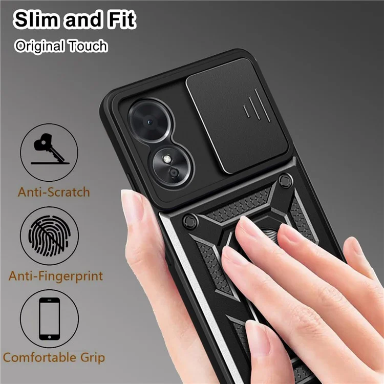 Anti-drop Phone Case For Oppo A17 4G, Ring Kickstand Mobile Phone Case with Slide Camera Lens Cover - Black-Cellmalls
