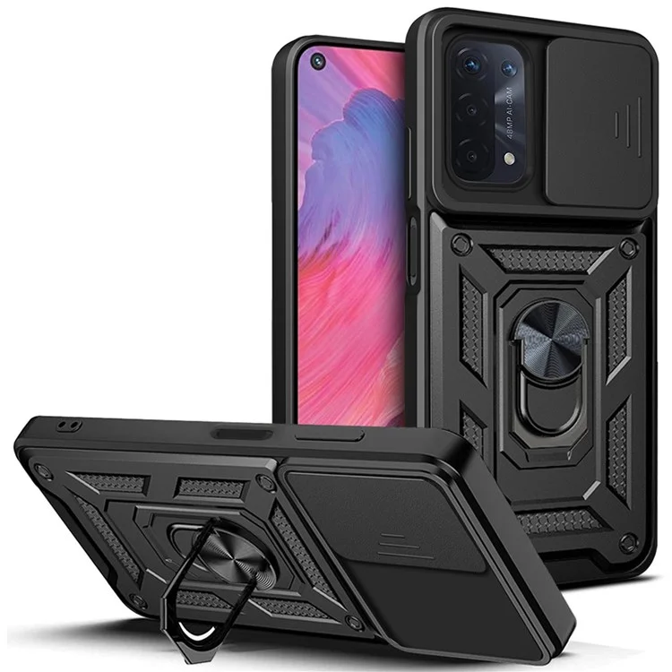 For Oppo A74 5G Multifunction Kickstand PC + TPU Hybrid Cover Slide Camera Protection Phone Case - Black-Cellmalls