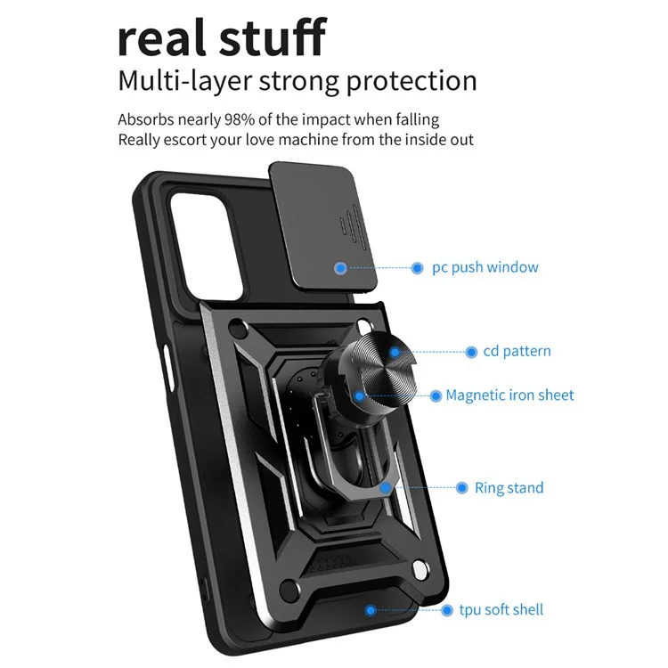 For Oppo A74 5G Multifunction Kickstand PC + TPU Hybrid Cover Slide Camera Protection Phone Case - Black-Cellmalls